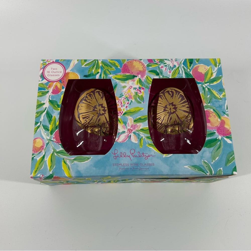 Lilly Pulitzer Fresh Squeezed Stemless Wine Glasses Set of 2 16 Ounce